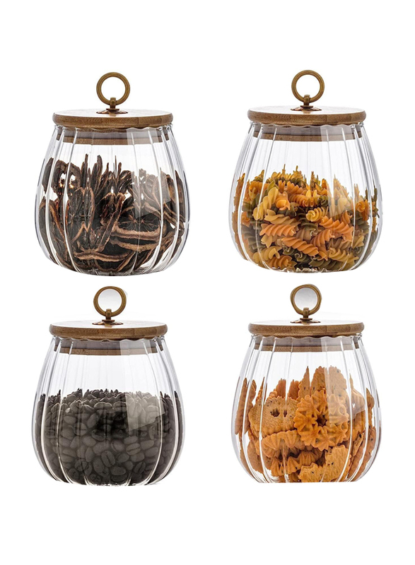 

1Chase Borosilicate Glass Oval Petal Decorative Container Storage Jar with Airtight Bamboo Lid & Metal Handle Set for Tea/Coffee Beans/Candy/Spices &