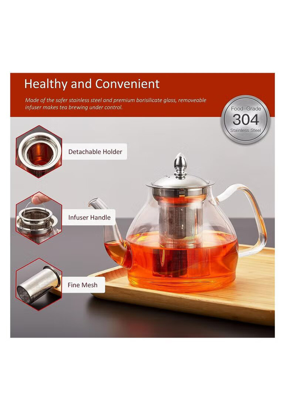 1Chase 1200ml Borosilicate Glass Teapot with Stainless Steel Infuser & Lid, 13x12x9 cm, Clear/Silver