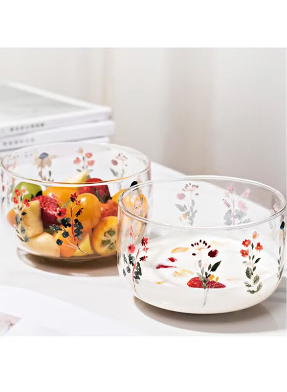 1Chase 650ml 2-Piece Borosilicate Salad Dessert Serving Bowls with Japanese Floral Print, Clear