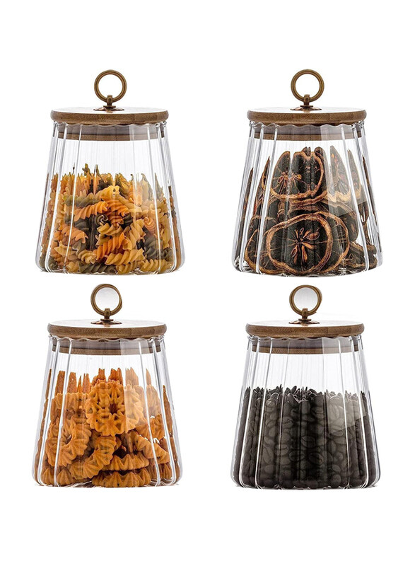 

1Chase Borosilicate Glass Taper Petal Decorative Container Storage Jar with Airtight Bamboo Lid & Metal Handle Set for Tea/Coffee Beans/Candy/Spices &