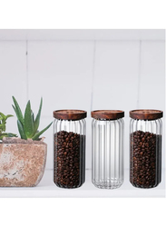1Chase Borosilicate Stripe Glass Food Storage Jar with Acacia Wood Air Tight Lid, 1000ml, 3 Piece, Clear/Brown