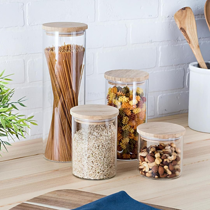 1Chase Borosilicate Glass Food Storage Jars with Bamboo Lids for Pantry Set, 5 Pieces, Clear/Beige