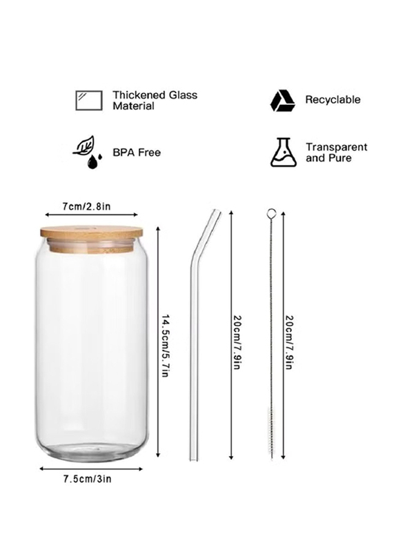 1Chase 550ml 10-Piece Borosilicate Glass Mason Jar with Bamboo Lid/Glass Straw/Cleaning Brush Set, Clear/Brown