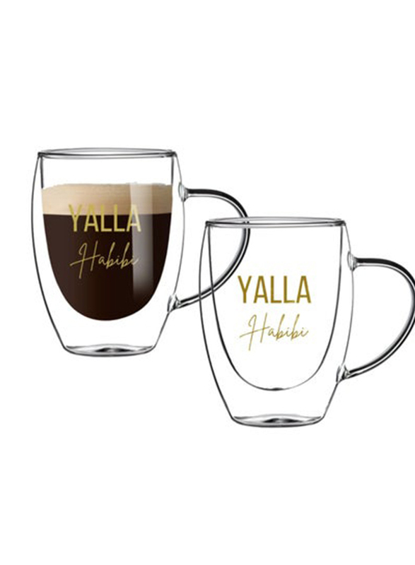 1Chase 2-Piece Double Walled "Yalla Habibi" Printed Glass Mug with Handle, Clear