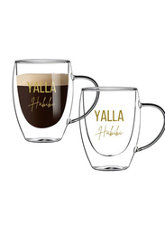 1Chase 2-Piece Double Walled "Yalla Habibi" Printed Glass Mug with Handle, Clear