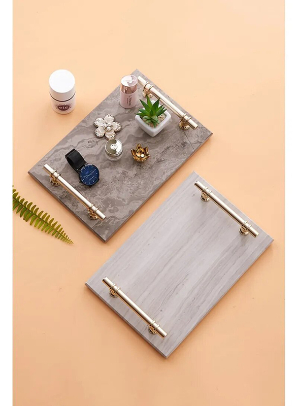 1Chase Natural Marble Trinket Vanity Tray with Wood Grain Look & Gold Handle, Grey/Gold