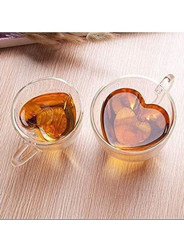 1Chase 2-Piece Heart Shaped Double Wall Love Printed Glass Mug with Handle, Clear
