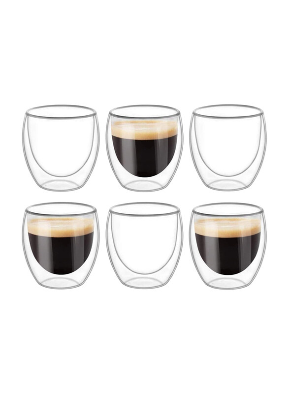 

1Chase 250ml Borosilicate Glass Double Wall Insulated Coffee & Tea Mugs Set for Espresso/Cappuccino/Tea & Latte, 6 Pieces, Clear