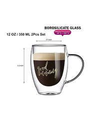 1Chase 2-Piece Double Wall Good Morning Printed Glass Mug Set With Handle, Clear