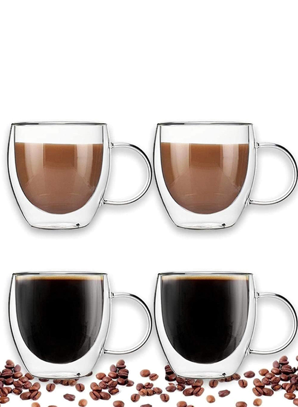 

1Chase 250ml Borosilicate Glass Double Wall Insulated Cup with Handle Set for Espresso/Coffee/Milk & Tea, 4 Pieces, Clear