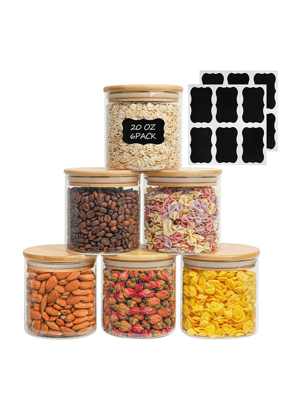 

1Chase Glass Food Storage Round Jar Set, 6 x 600ml, Clear/Beige