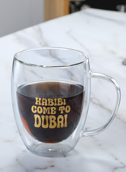 1Chase 350ml Borosilicate Double Wall Habibi Come to Dubai Printed Glass Cup with Handle & Straw, Clear