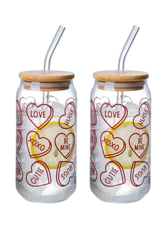 

1Chase 2-Piece 350ml Borosilicate Valentine-themed Patterns Drinking Glasses with Bamboo Lid, Clear