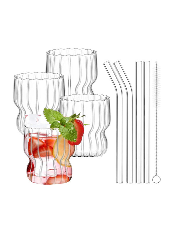 

1Chase 300ml Borosilicate Glass Mason Jar Vintage Fluted Origami Style Ribbed Glassware Drinking Glass Cups with Straws Set, 4 Pieces, Clear