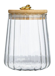1Chase Borosilicate Conical Glass Storage Jar with Airtight Bamboo Lid and Metal Handle, 600ml, Clear