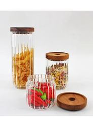 1Chase Borosilicate Stripe Glass Food Storage Jar with Acacia Wood Air Tight Lid, 500ml/700ml/1000ml, Clear/Brown