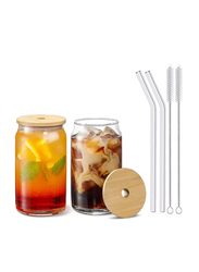 1Chase 550ml 6-Piece Borosilicate Glass Mason Jar with Bamboo Lid/Glass Straw/Cleaning Brush Set, Clear/Brown