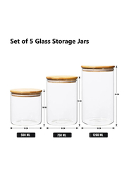 1Chase Borosilicate Glass Food Storage Jars with Bamboo Lids for Pantry Set, 5 Pieces, Clear/Beige