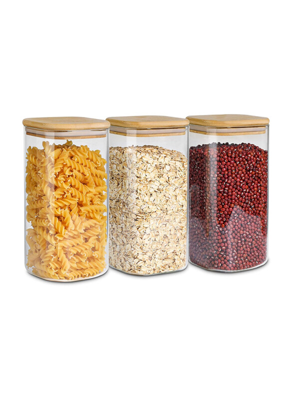 

1Chase Square Glass Storage Jar with Airtight Bamboo Lid Set, 3 x 1500ml, Clear/Beige