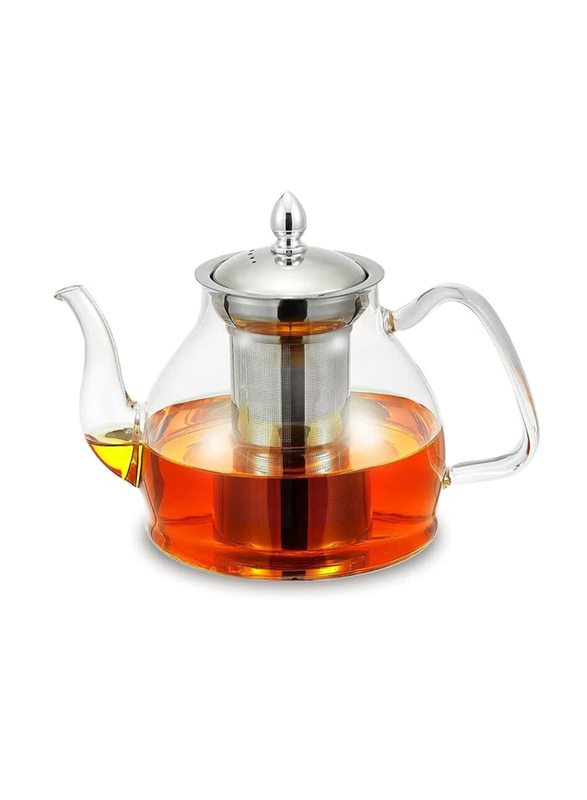 1Chase 1200ml Borosilicate Glass Teapot with Stainless Steel Infuser & Lid, 13x12x9 cm, Clear/Silver