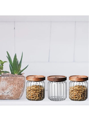 1Chase Borosilicate Stripe Glass Food Storage Jar with Acacia Wood Air Tight Lid, 500ml, 3 Piece, Clear/Brown