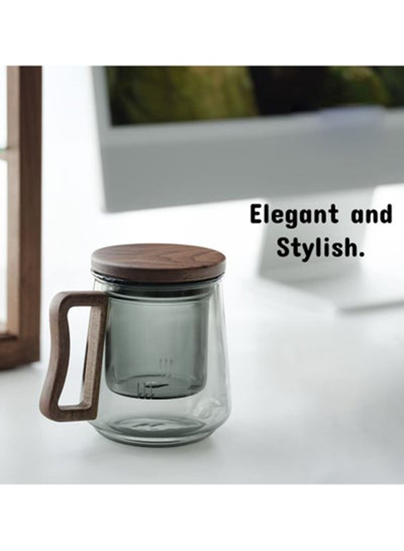 1Chase Borosilicate Glass Mug with Infuser, Walnut Lid and Handle, 500ml, Smokey Grey