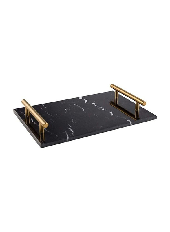 Lushh Patterned Marble Tray with Gold-Toned Handles, Black