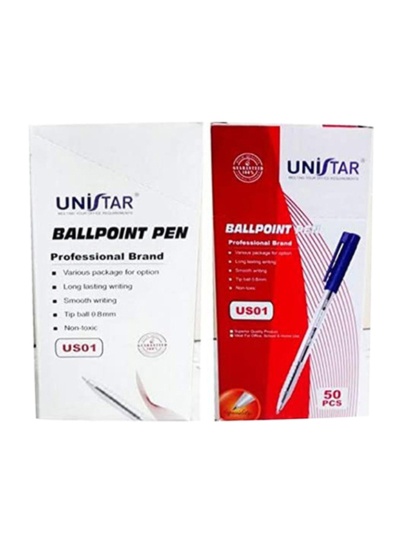 Unistar 50-Piece Ball Pen Set, 0.8mm, Blue