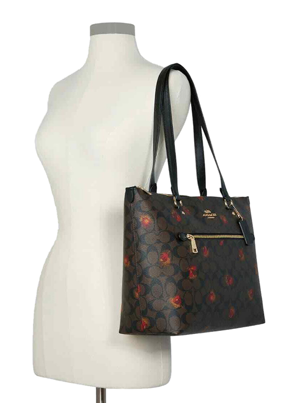 Coach Signature Canvas Gallery Tote Bag with Pop Floral Print for Women, Black/Brown