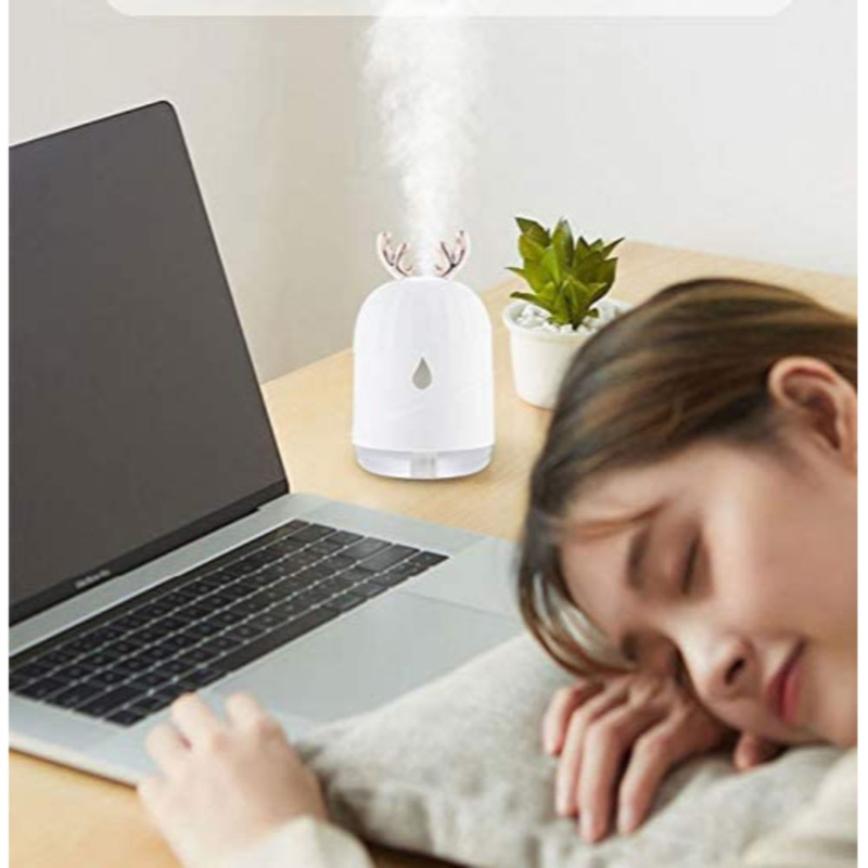 UK Plus Cute Deer Horn Air Purifier, Aroma Diffuser, 300ml, with USB Charge and Eye Friendly Multi-Light Night, White