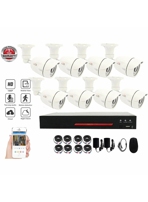 UK Plus DIY 1080P 8CH Home & Office Surveillance Security CCTV AHD Camera Kit, with 8 Bullet for Outdoor, 2MP, White