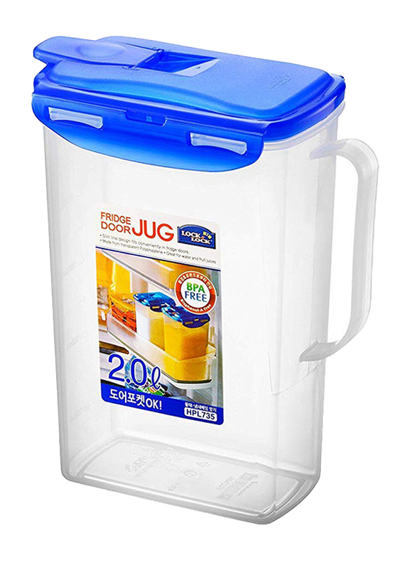 Lock & Lock 2 Ltr Plastic Fridge Door Water Jug with Flip Top Lid, 19 × 10 × 23.4cm, Clear/Blue