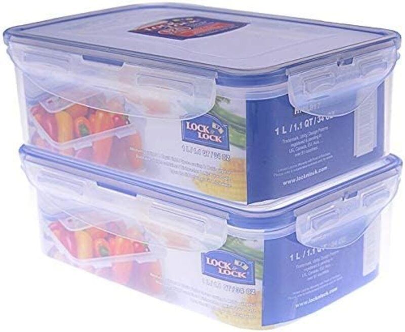 Lock & Lock Classic Rectangular Containers, Set of 2 Piece, 1 Liter HPL817SA2, Clear/Blue