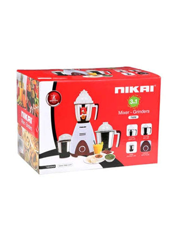 Nikai 1.5L Mixer Grinder with Powerful Motor and Overload Protection, 750W, NB494A, White