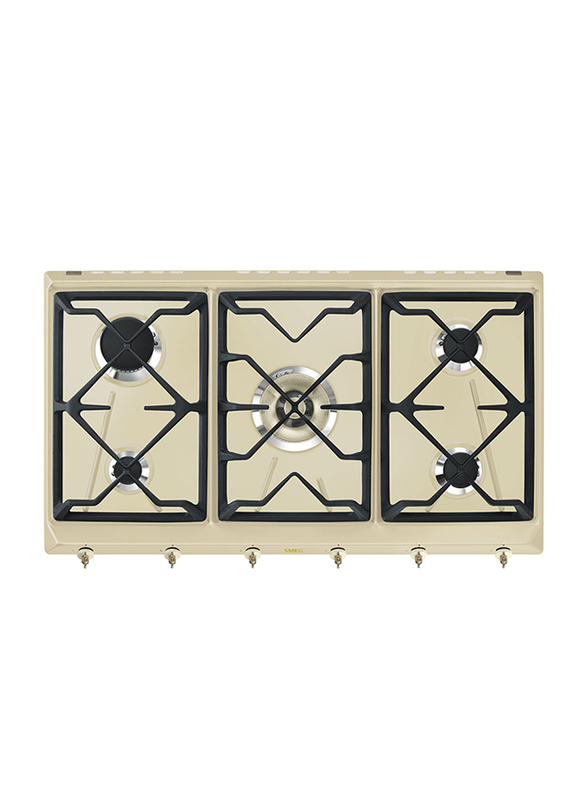 Smeg 5-Burner Built In Enamelled Gas Hob, SRV896POGH, Cream/Black