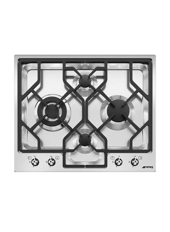 Smeg 4-Burner Built in Stainless Steel Gas Hob, PGF64-4, Silver/Black