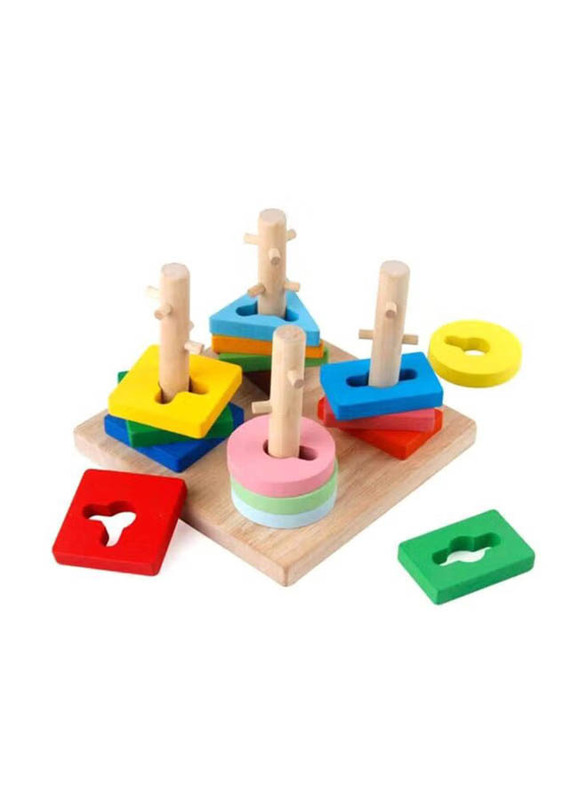 Wooden Four Column Geometric Puzzle Stacking Set, Multicolour, Ages 3+