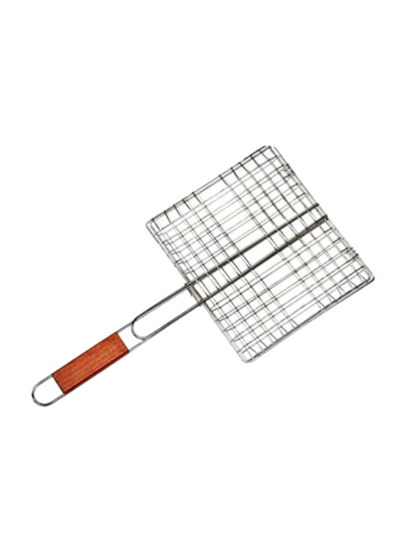 BBQ Grill Basket with Wood Handle, 28x28 cm, Silver/Brown