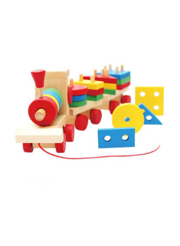 Wooden Geometric Blocks Pull Along Stacking Train Building Set, Ages 1+