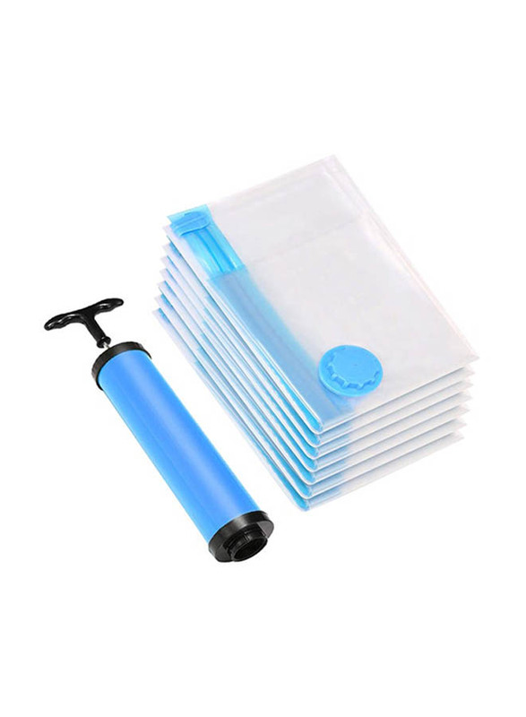 7-Piece Vacuum Reusable Sealer Storage Bag With Suction Pump Set, 70 x 100 cm, Clear/Blue