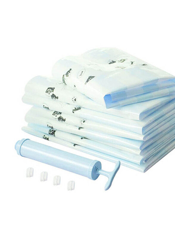 

Generic 10-Piece Reusable Vacuum Storage Bags With Pump Sealing Clips Set, Blue/White