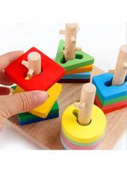 Wooden Four Column Geometric Puzzle Stacking Set, Multicolour, Ages 3+