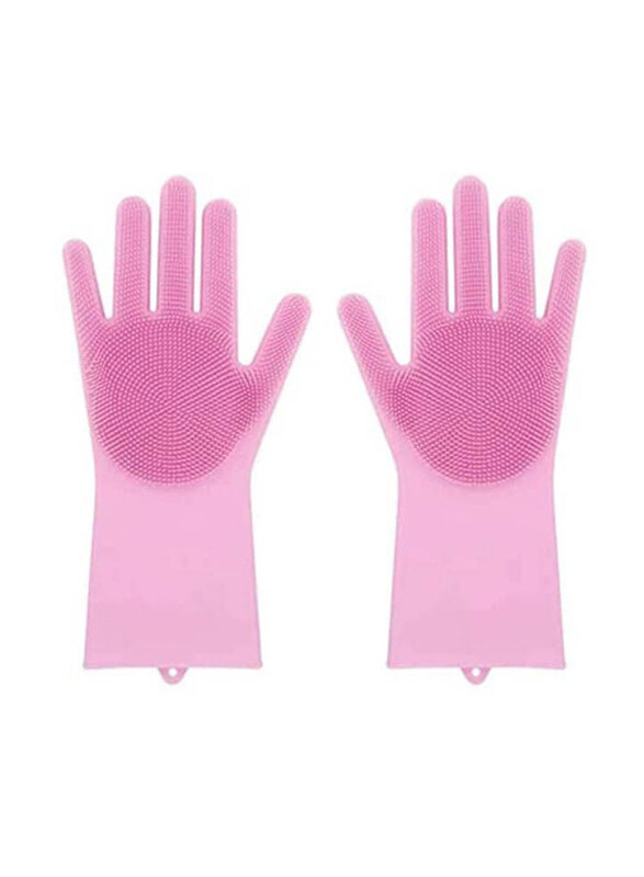 

Generic Magic Reusable Silicone Gloves with Wash Scrubber Dishwashing Gloves, Pink, 1 Pair