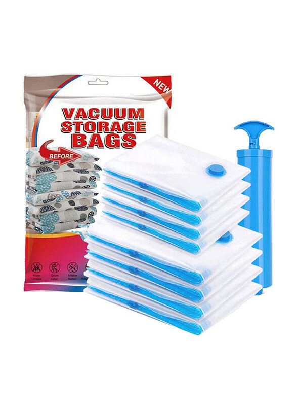 9-Piece Reusable Vacuum Storage Bags with Travel Hand Pump, 80 x 100cm, White/Blue