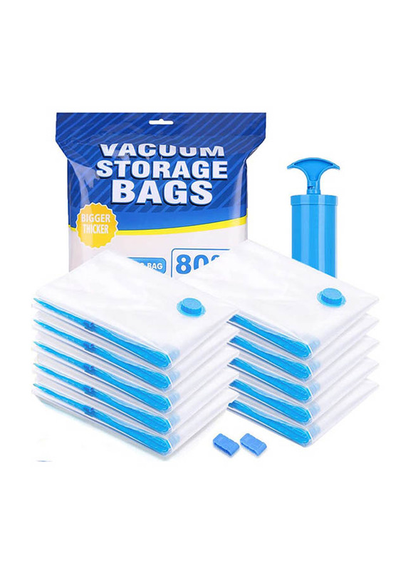 11-Piece Reusable Vacuum Storage Bags with Travel Hand Pump, 70 x 50cm, White/Blue