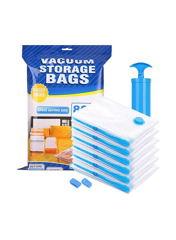 6-Piece Reusable Vacuum Storage Bags with Travel Hand Pump, 50x70cm, GC2102, White/Blue