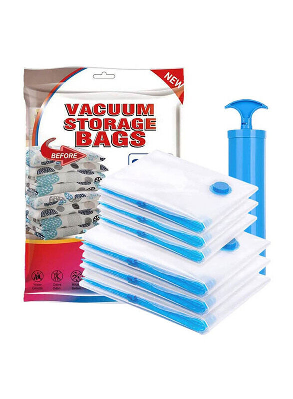 

Generic 7-Piece Reusable Vacuum Storage Bags with Travel Hand Pump, 80 x 60cm, White/Blue