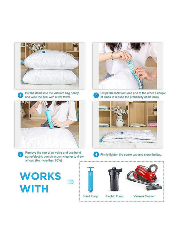 9-Piece Reusable Vacuum Storage Bags with Travel Hand Pump, 80 x 100cm, White/Blue