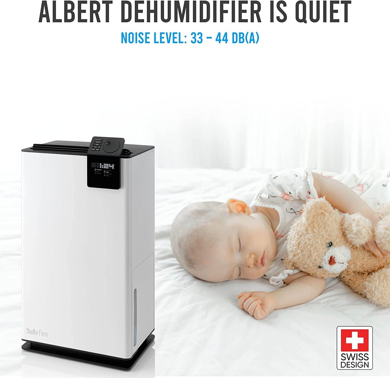 Swiss Design Dehumidifier-Mold Prevention for Home/Office up to 70sqm,Whisper-Quiet,Adaptive Night & Swing Modes,Continuous Drainage Albert ,2 Year Warranty+Local Support-GCC Power Plug