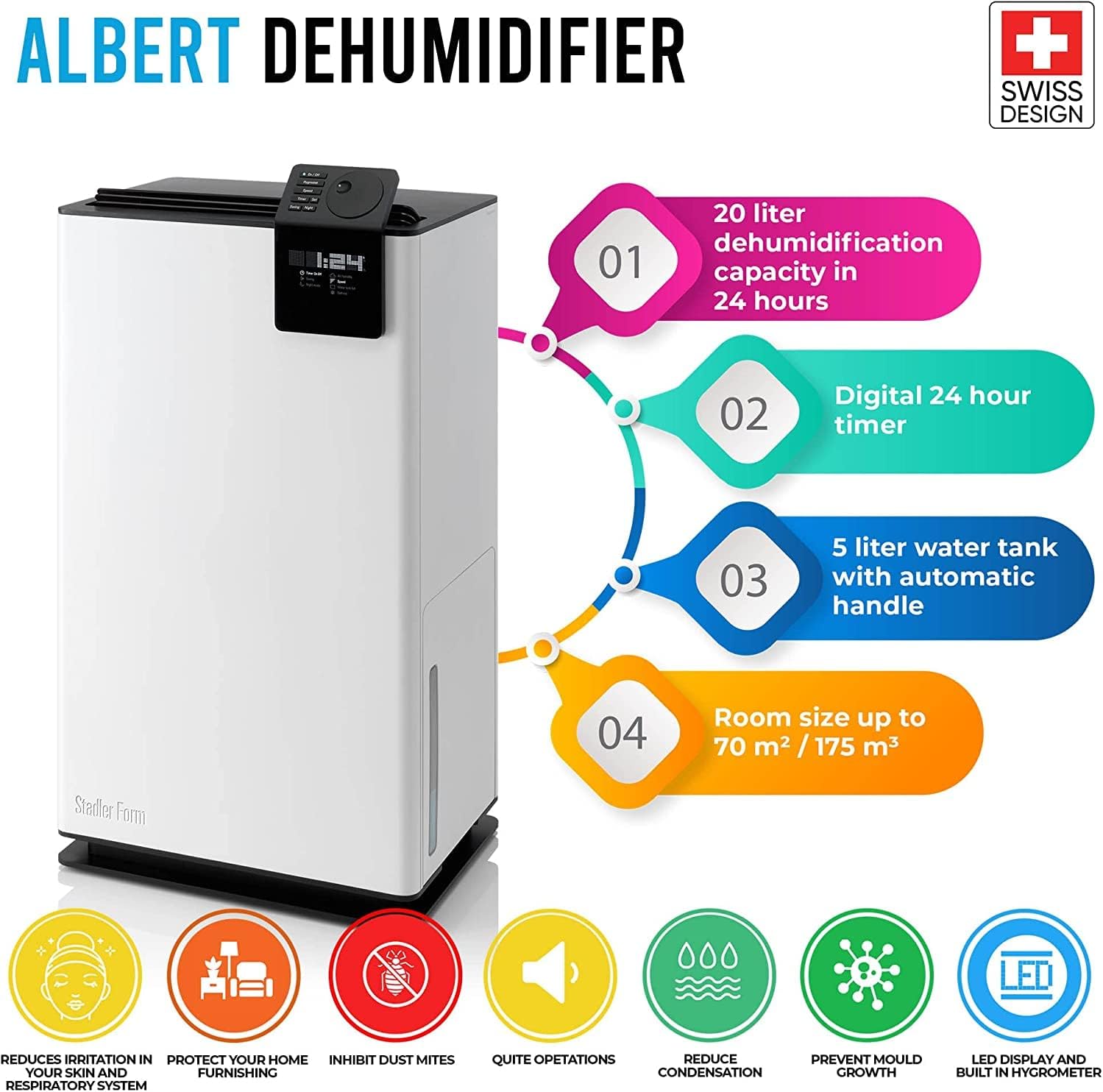 Swiss Design Dehumidifier-Mold Prevention for Home/Office up to 70sqm,Whisper-Quiet,Adaptive Night & Swing Modes,Continuous Drainage Albert ,2 Year Warranty+Local Support-GCC Power Plug